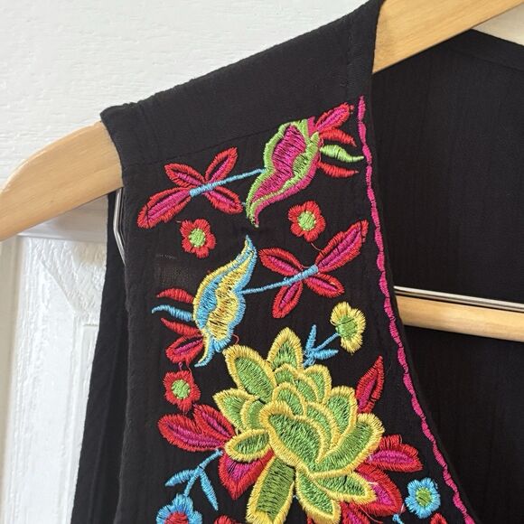 Embroidered Mexican Women Midi Dress Colorful Sleeveless Black L Bohemian Floral - Picture 7 of 10